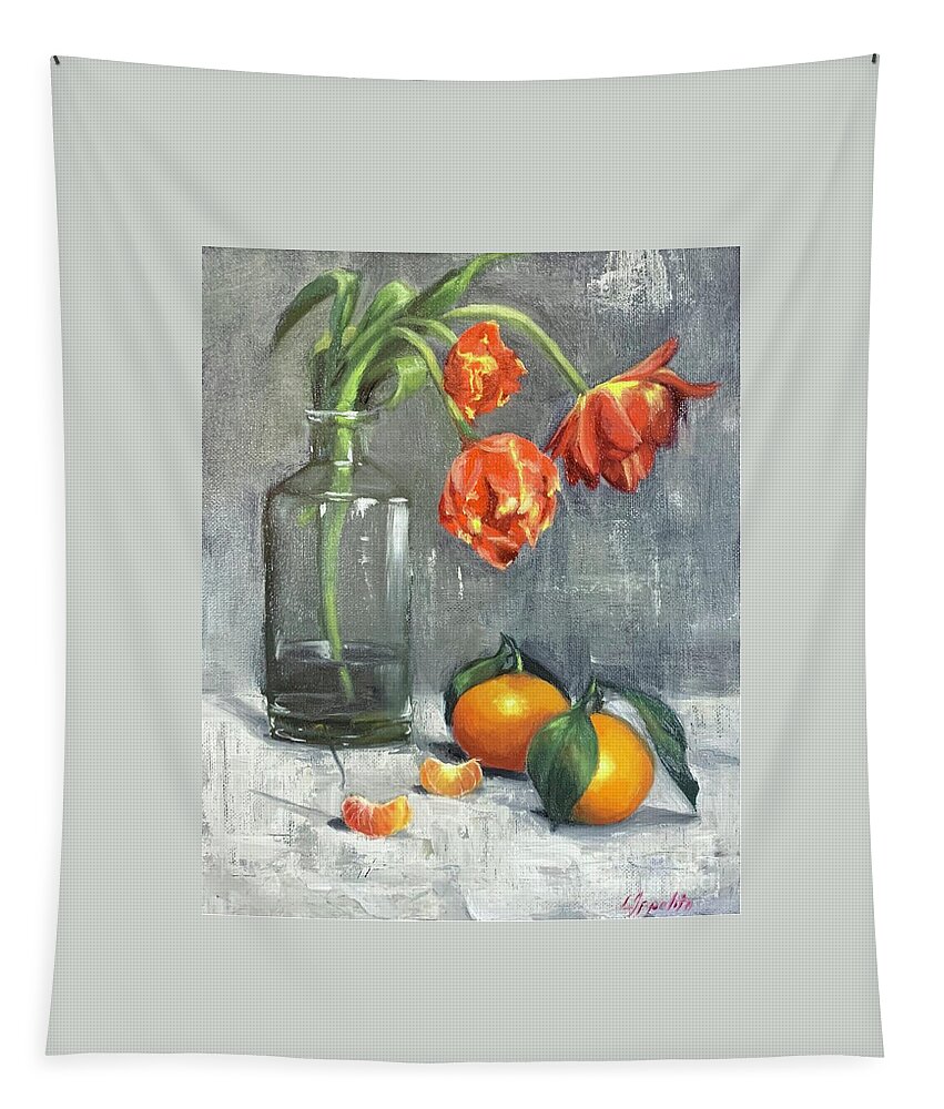 Stilllife Tapestry featuring the painting Tulips with Mandarins by Lori Ippolito