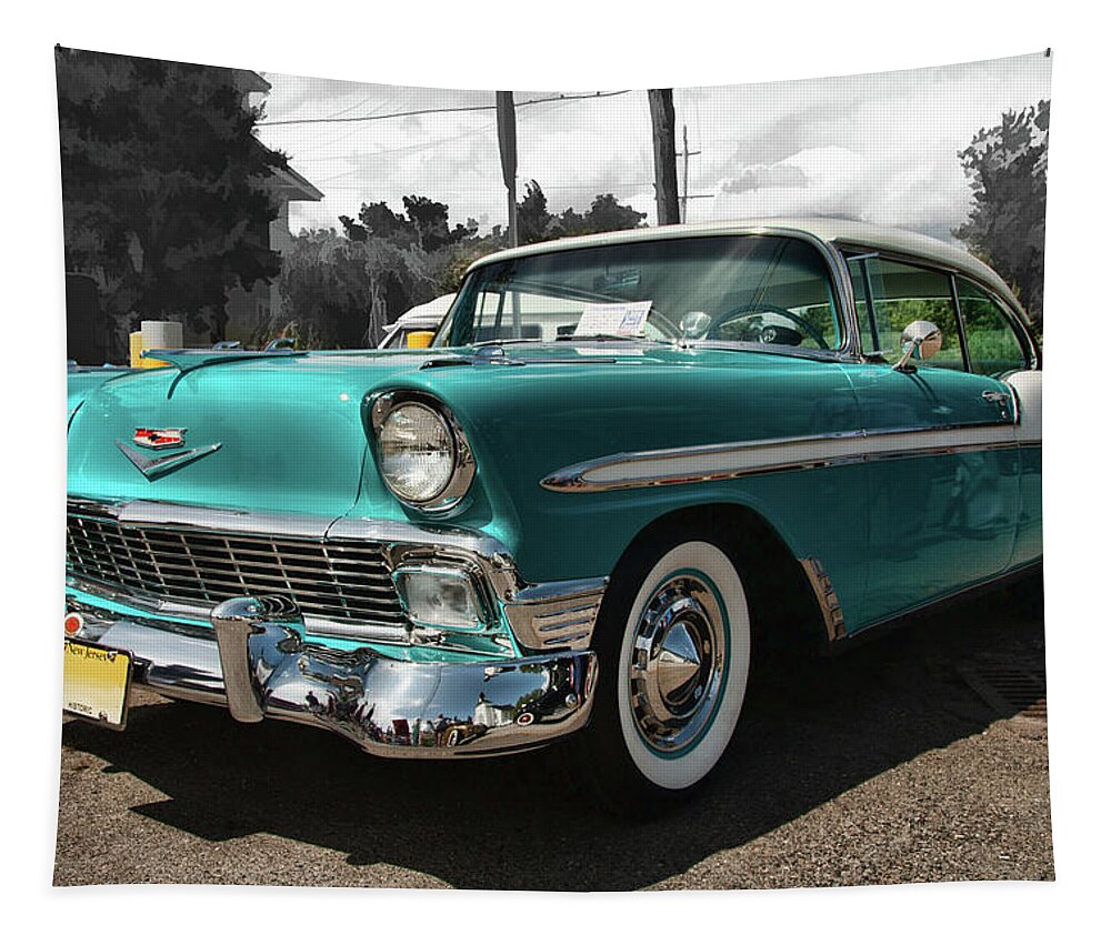 Car Tapestry featuring the photograph Turquoise and white '56 Chevy Bel Air by Daniel Adams