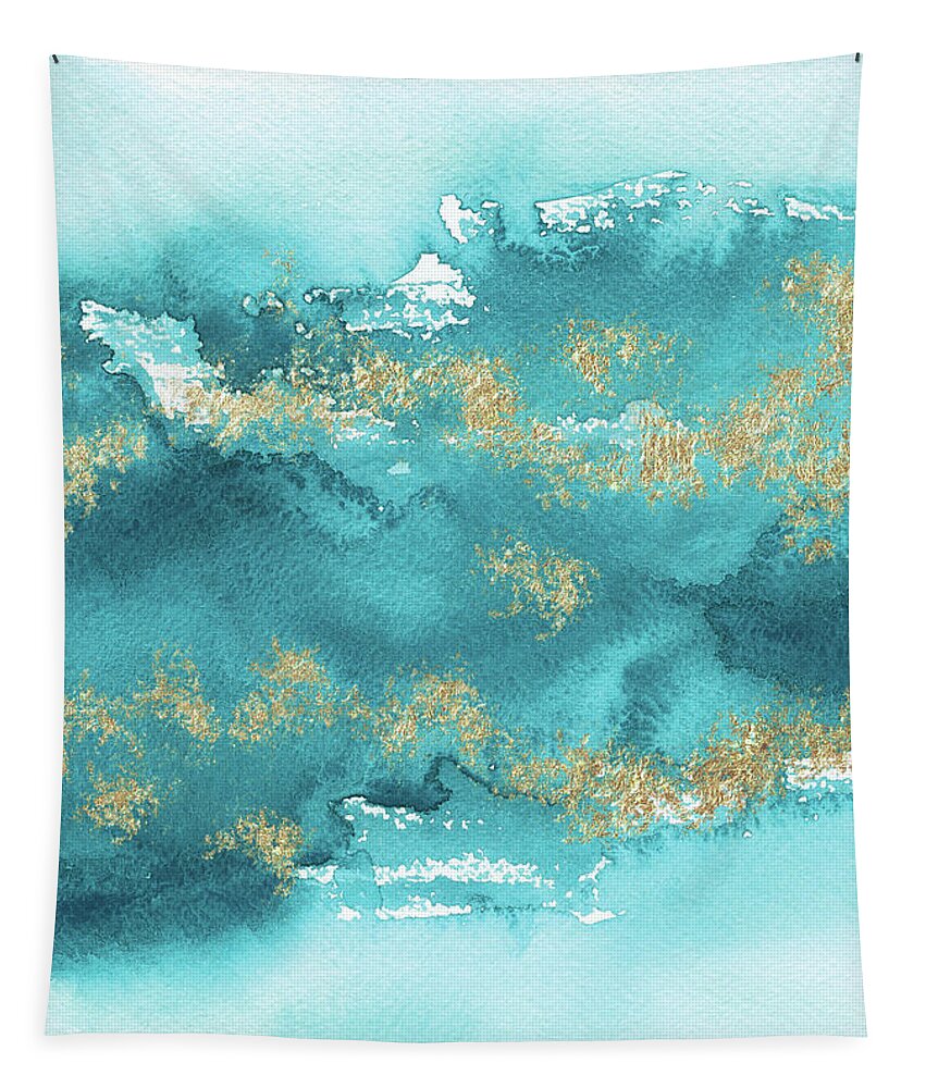 Turquoise Blue Tapestry featuring the painting Turquoise Blue, Gold And Aquamarine by Garden Of Delights