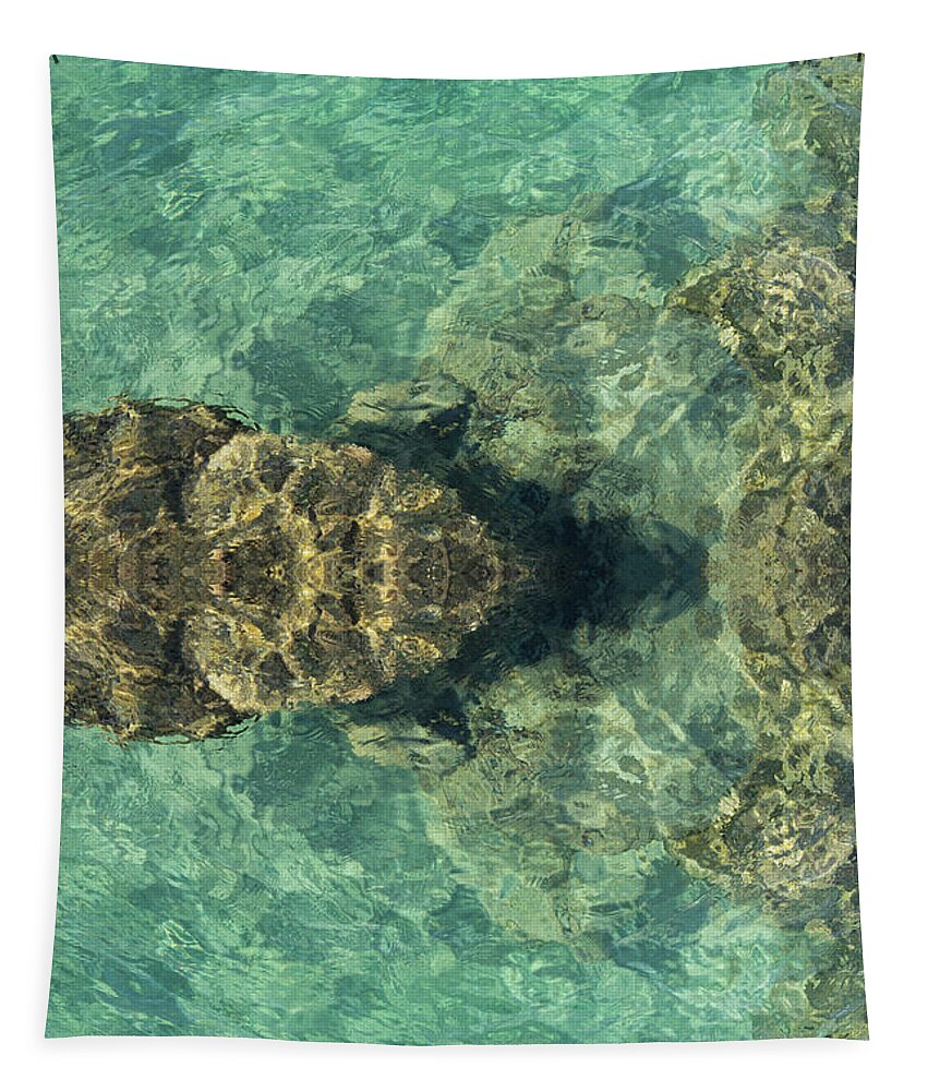 Turquoise Tapestry featuring the digital art Turquoise sea water and rocks by Adriana Mueller
