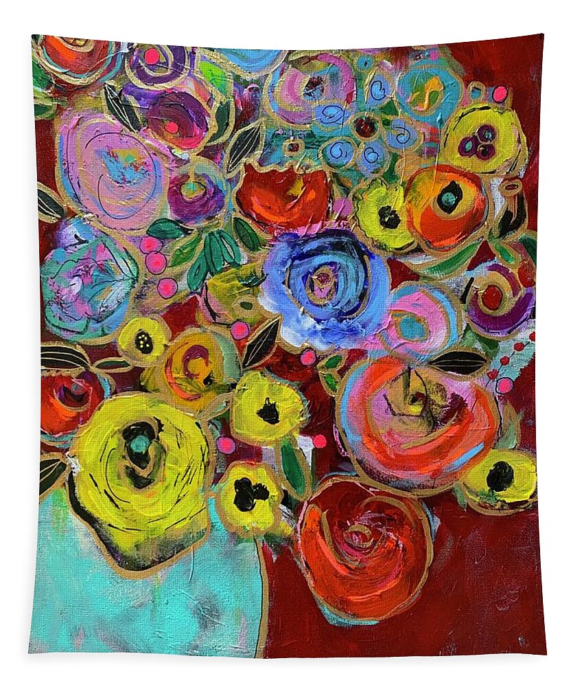 Floral Tapestry featuring the painting Turquoise Vase by Bonny Butler