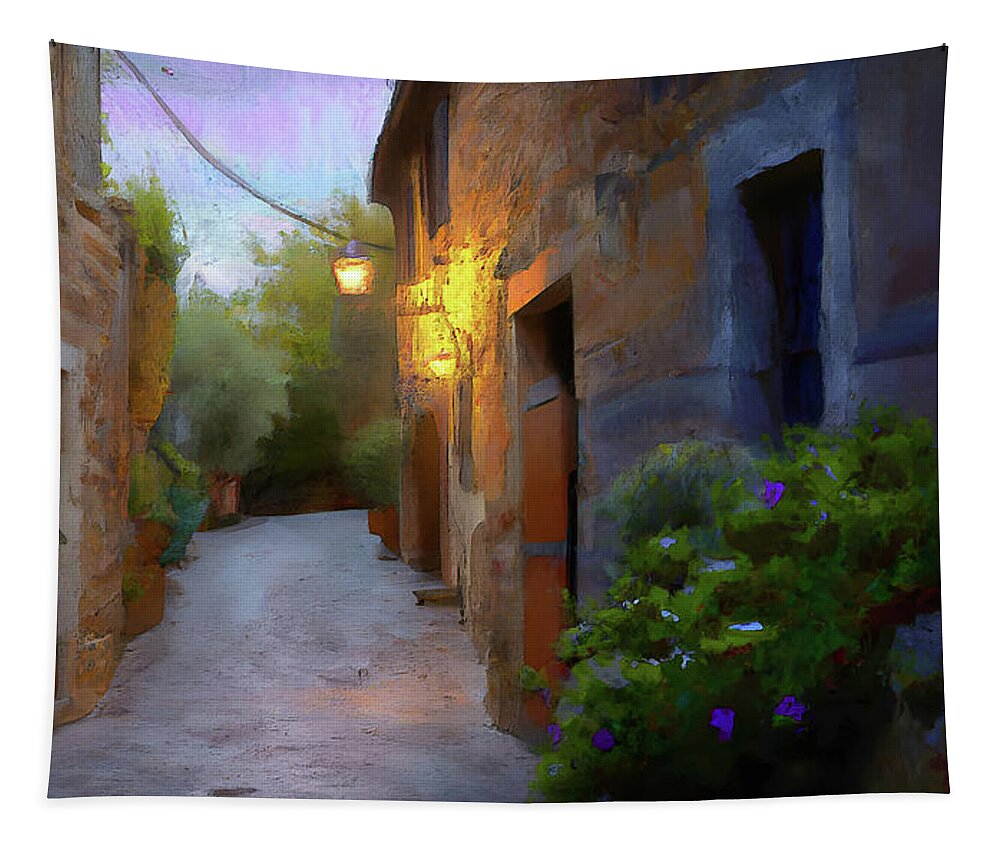 Tuscany Tapestry featuring the digital art Tuscan Alley at Dusk by Alison Frank