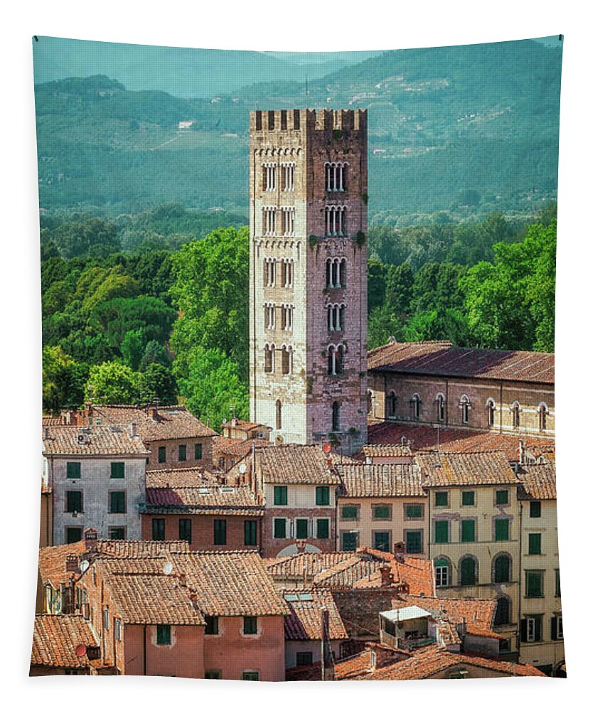Cultural Exploration Tapestry featuring the photograph Tuscan Tranquility - Over the Roofs of Lucca, July 2015 by Benoit Bruchez