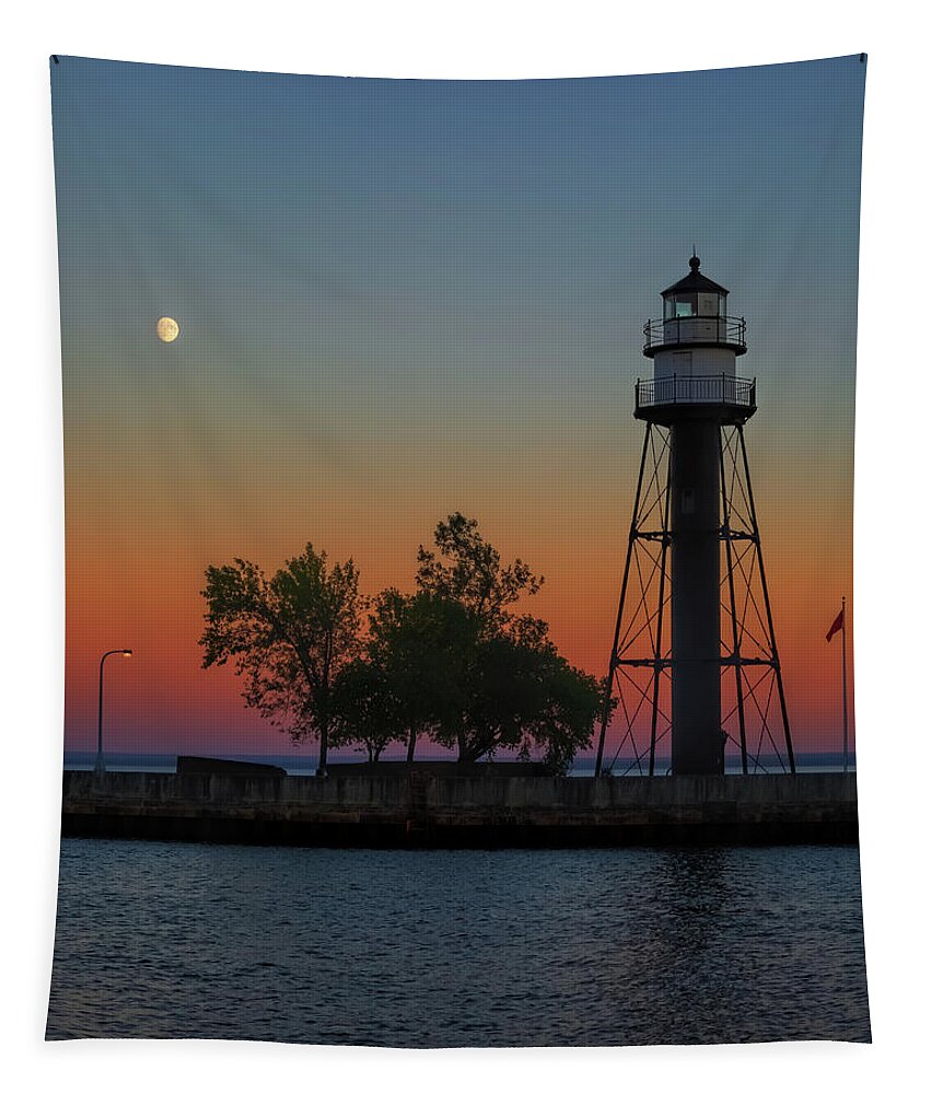 Duluth Lighthouse Tapestry featuring the photograph Twilight at the Duluth South Breakwater Inner Light by Susan Rissi Tregoning