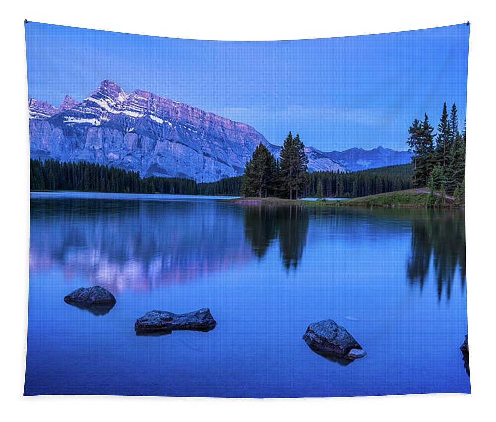 Two Jack Lake Tapestry featuring the photograph Twilight at Two Jack Lake by Jaki Miller