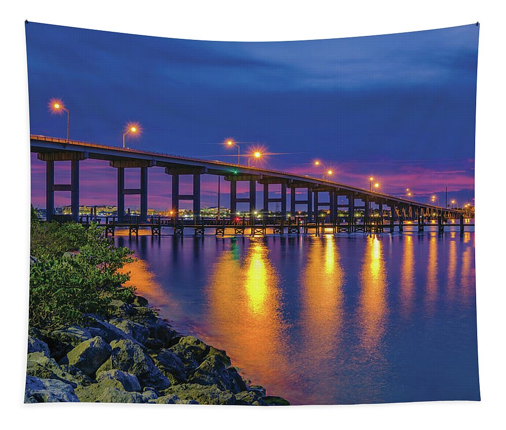 Fort Pierce South Bridge Tapestry featuring the photograph Twilight over Fort Pierce South Bridge A Serene View of the Waterway by Kim Seng