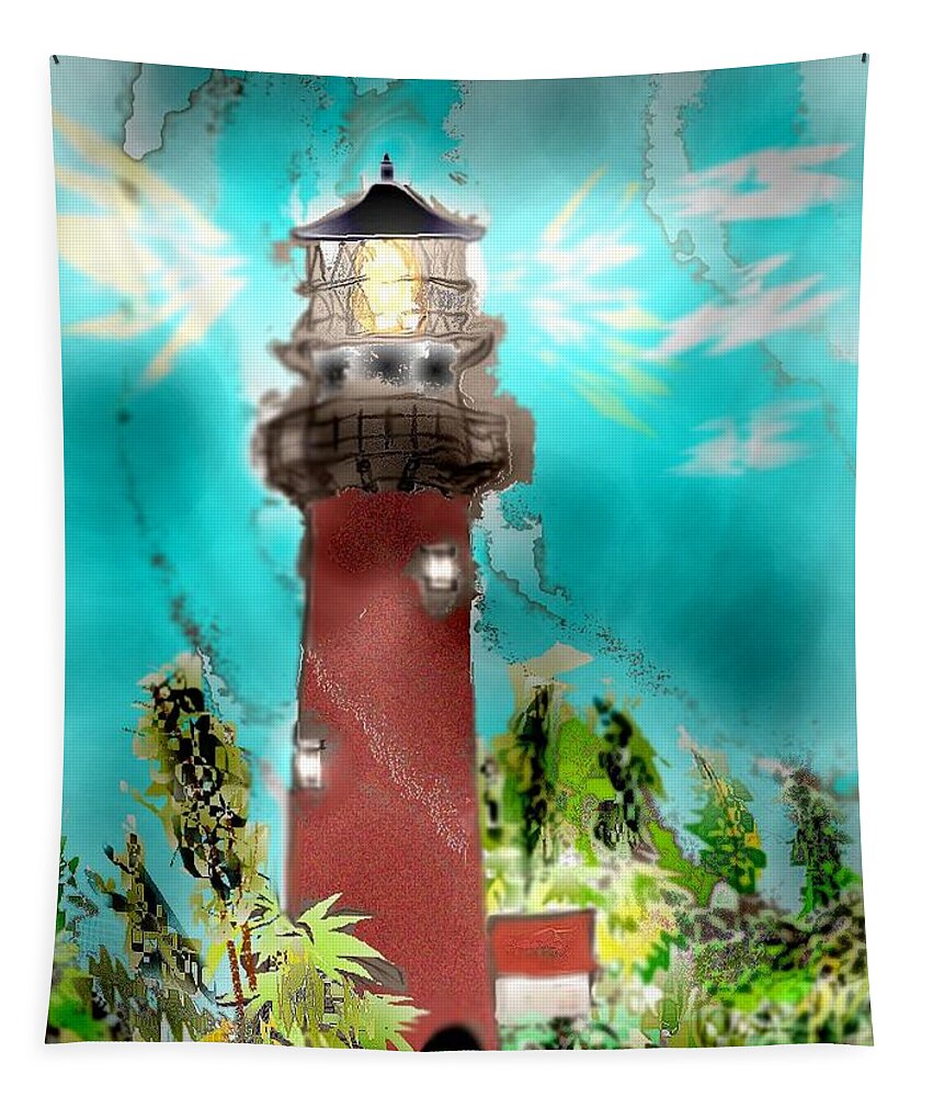 Jupiter Inlet Lighthouse Sketch Tapestry featuring the mixed media Twilight Safe Harbor by Pamela Calhoun