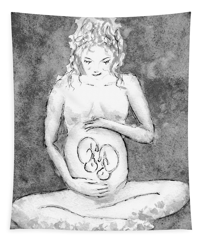 Twins Tapestry featuring the painting Twin Pregnancy Black and White by Carlin Blahnik CarlinArtWatercolor