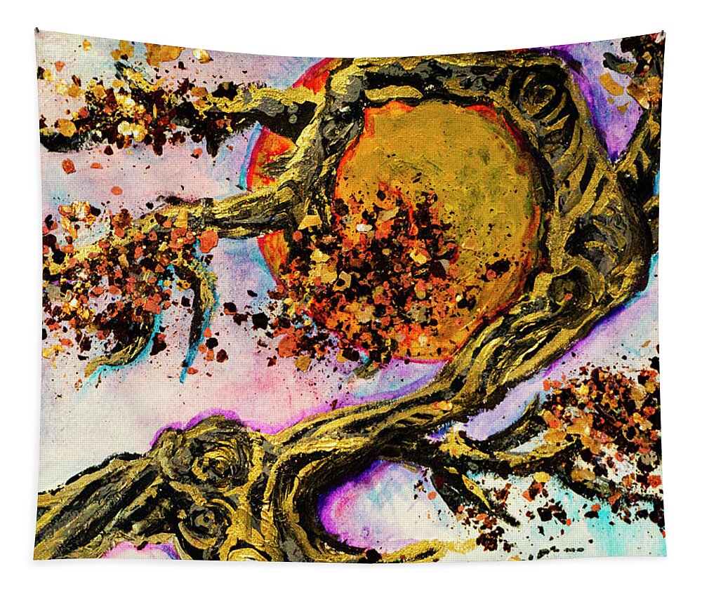 Landscape Tapestry featuring the mixed media Twisting Tree to the Sunrise by Joanne Herrmann