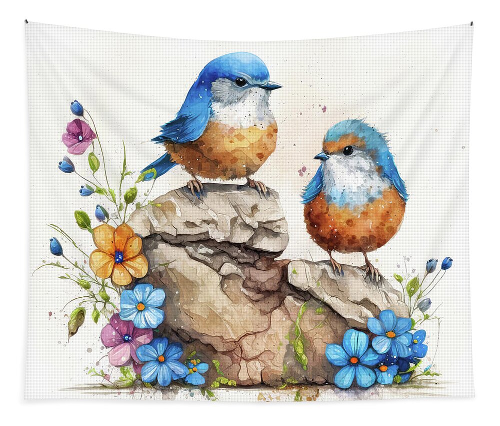 Bluebirds Tapestry featuring the painting Two Adorable Bluebirds by Tina LeCour