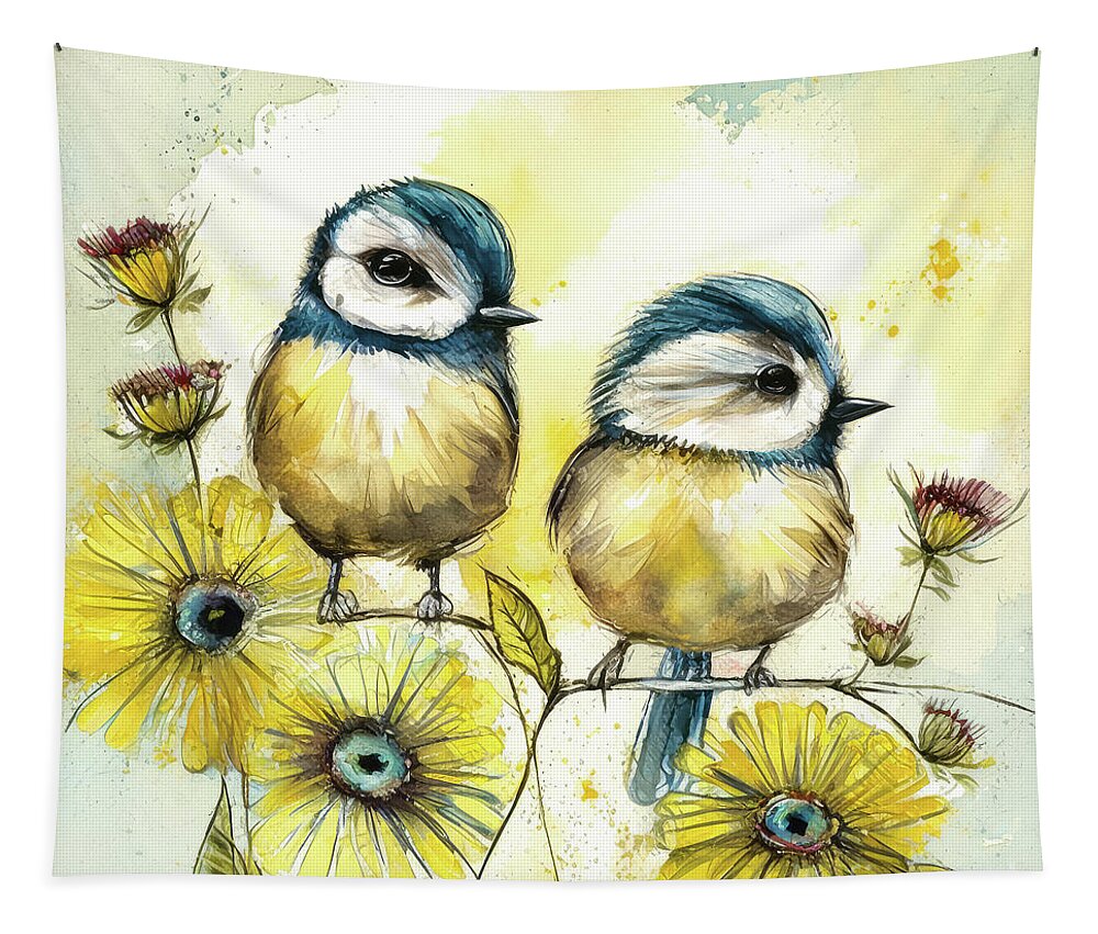 Chickadee Tapestry featuring the painting Two Adorable Chickadees by Tina LeCour