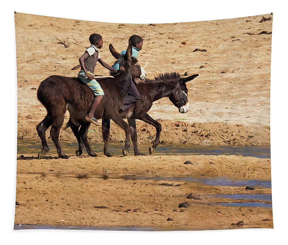 Two Boys Tapestry featuring the photograph Two Boys Riding Donkeys Along the River in Angola by Belinda Greb