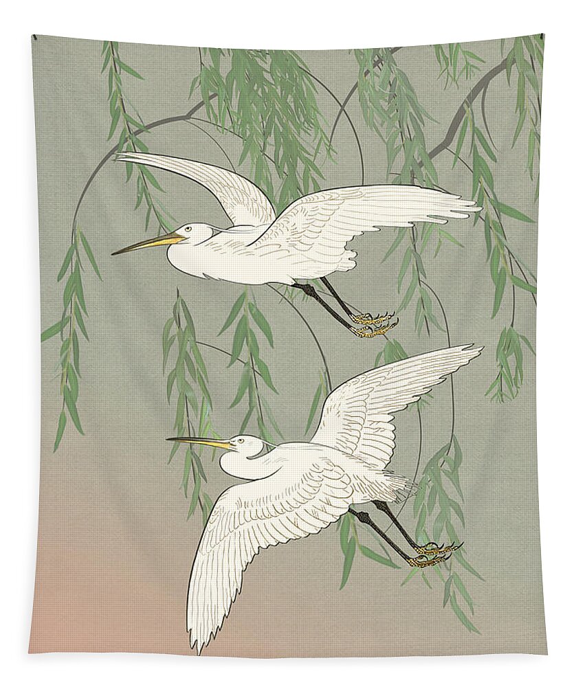 Birds Tapestry featuring the digital art Two Egrets Aloft by M Spadecaller