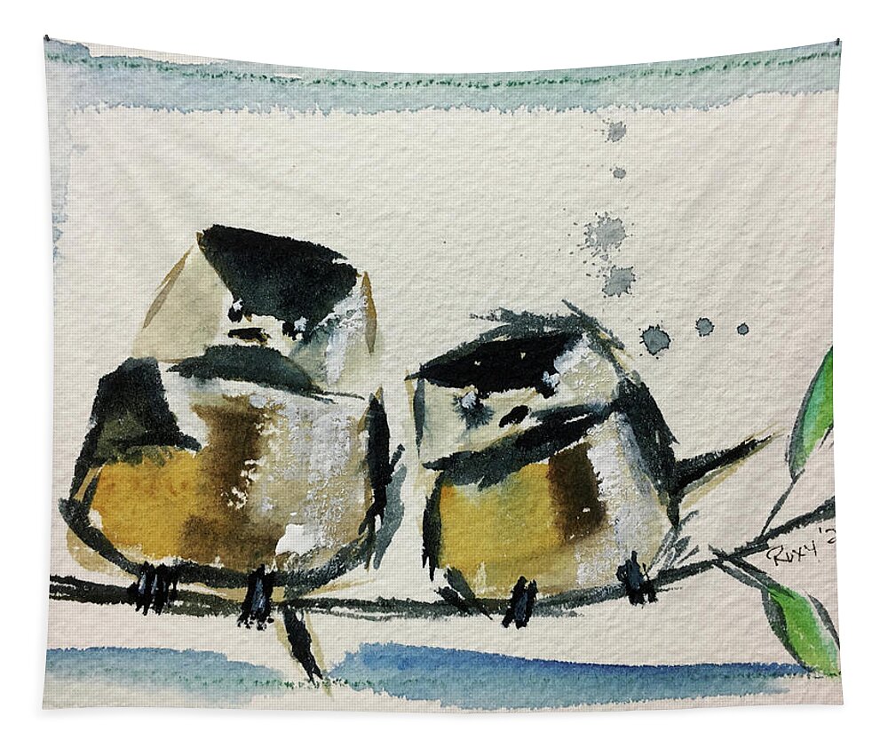 Grand Tit Tapestry featuring the painting Two Fat Chickadees by Roxy Rich