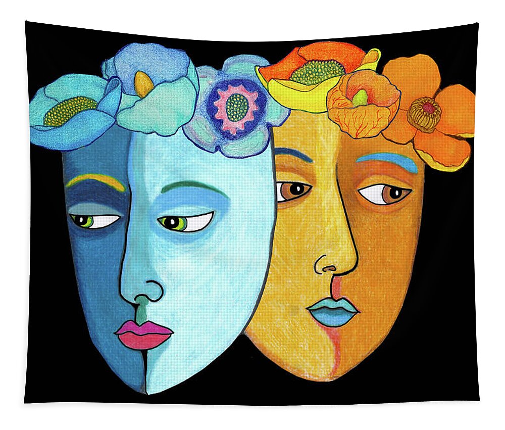 Masks Tapestry featuring the drawing Two Masks on Black by Lorena Cassady