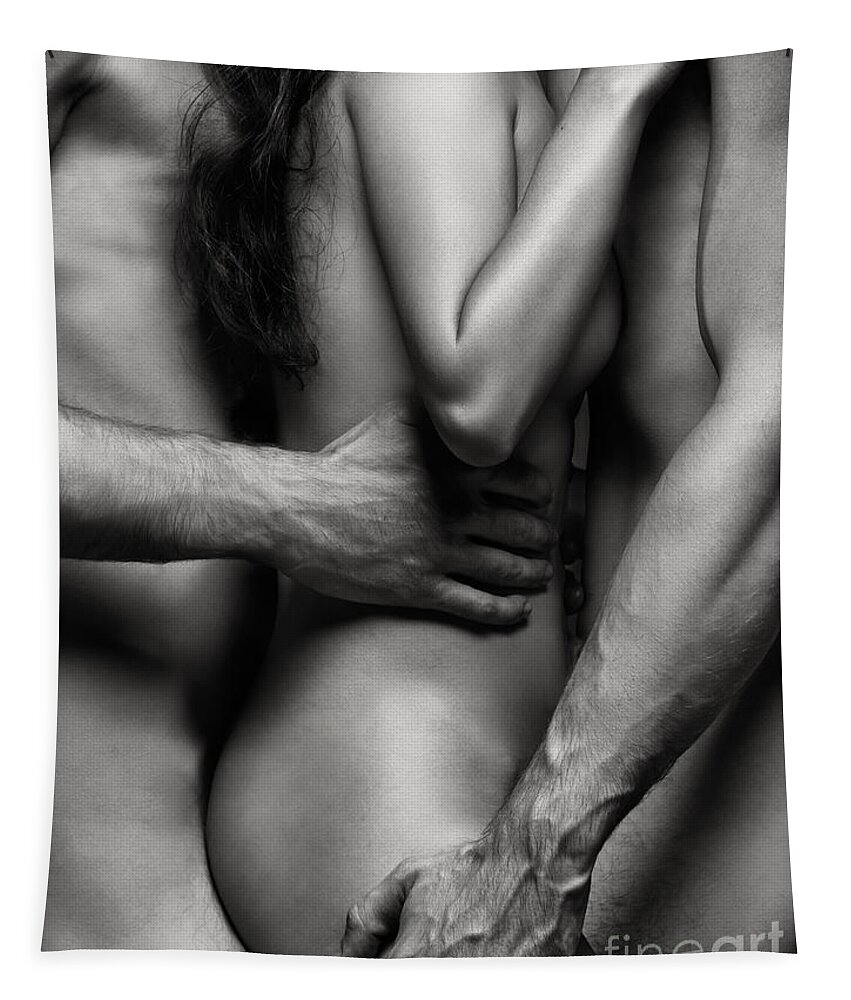 Two nude men with naked woman Black and white Tapestry by Maxim Images Exquisite Prints