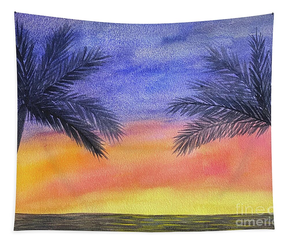 Palm Trees Tapestry featuring the painting Two Palm Trees at Sunset by Lisa Neuman