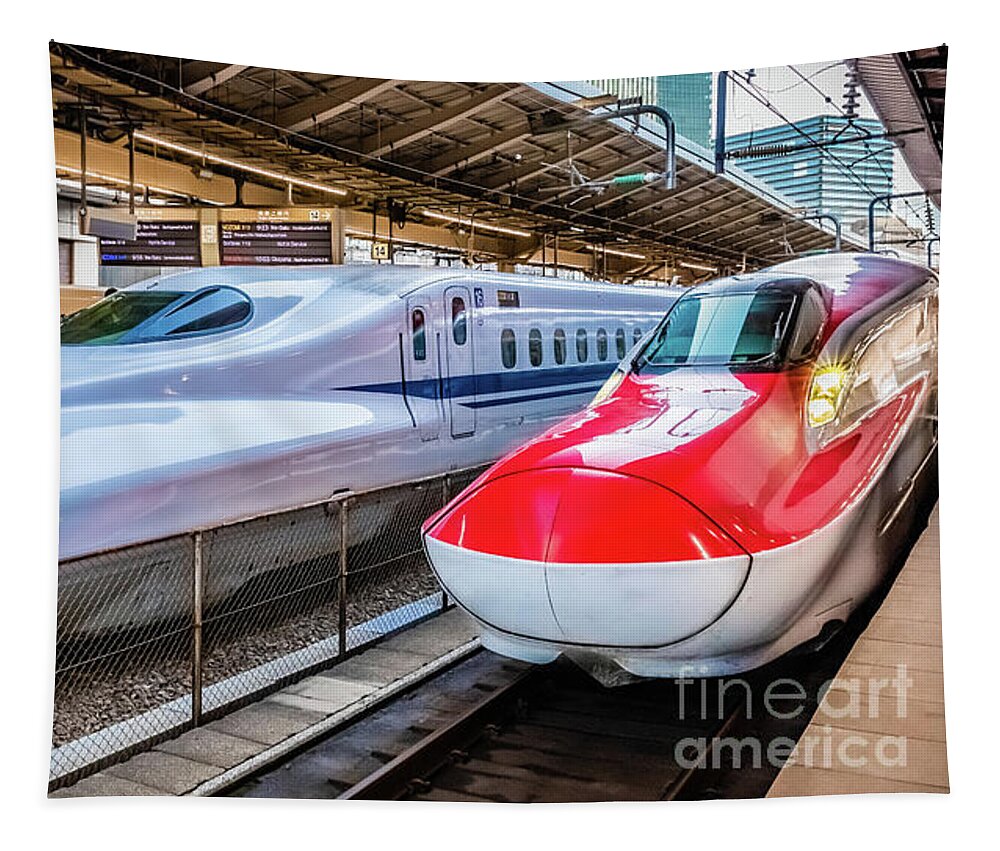 Shinkansen Tapestry featuring the photograph Two Shinkansen at the Tokyo Station by Lyl Dil Creations