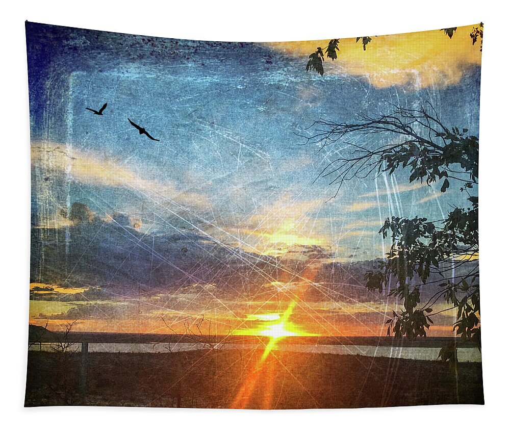Two Souls Flying Off Into The Sunset Tapestry featuring the digital art Two Souls Flying Off Into The Sunset by Debra Martz