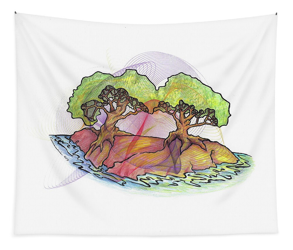 Island Tapestry featuring the drawing Two Trees on an Island by Teresamarie Yawn