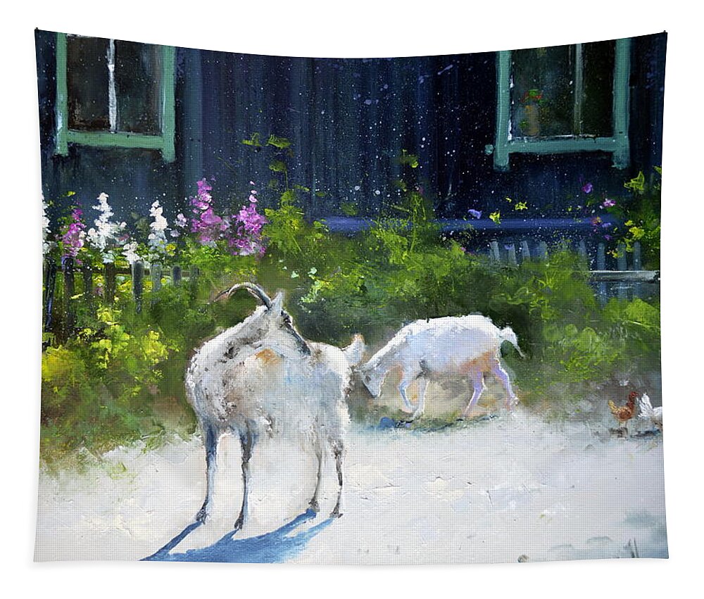 Russian Artists New Wave Tapestry featuring the painting Two White Goats by Igor Medvedev