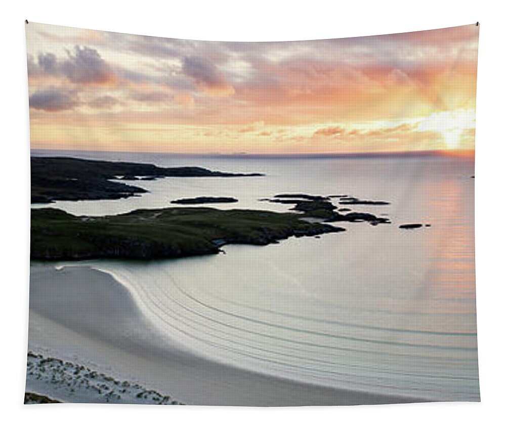 Panorama Tapestry featuring the photograph Uig Bay sunset Aerial Isle of Lewis Outer Hebrides by Sonny Ryse
