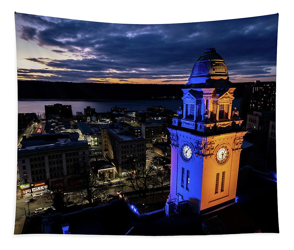 City Hall Tapestry featuring the photograph Ukrainian national colors illuminate city hall by Kevin Suttlehan