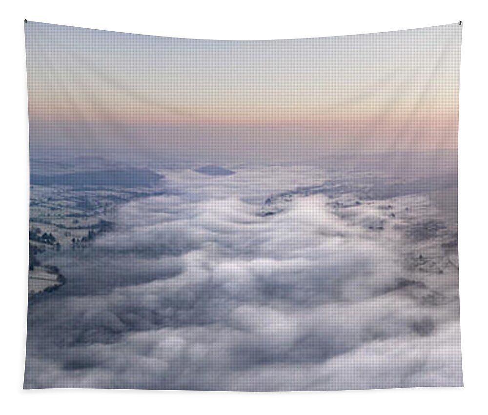 Panorama Tapestry featuring the photograph Ullswater cloud inversion aerial lake district by Sonny Ryse