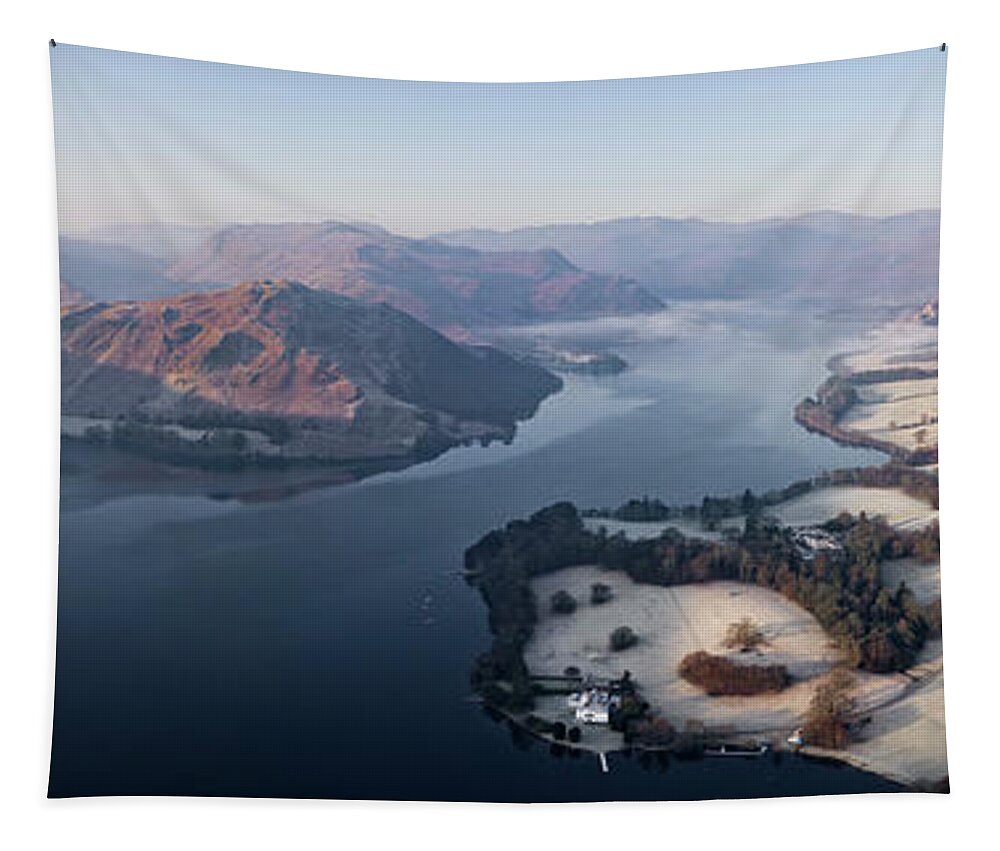 Panorama Tapestry featuring the photograph Ullswater lake sunrise aerial lake district by Sonny Ryse