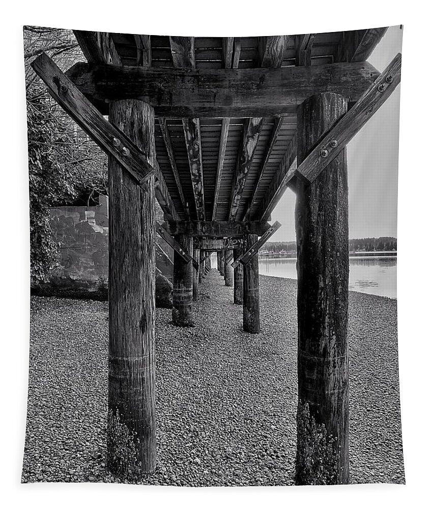 Black And White Tapestry featuring the photograph Under the Boardwalk - Poulsbo bw by Jerry Abbott