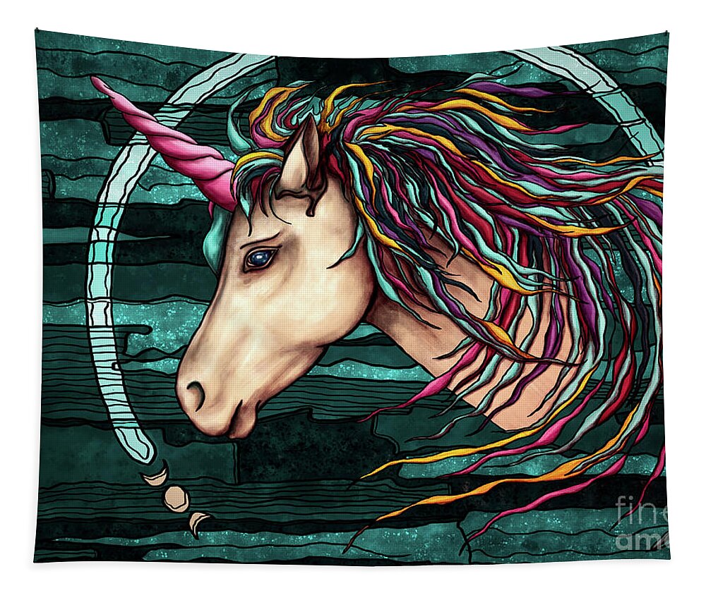 Unicorn Tapestry featuring the painting Boho unicorn with moon phases, rainbow unicorn by Nadia CHEVREL