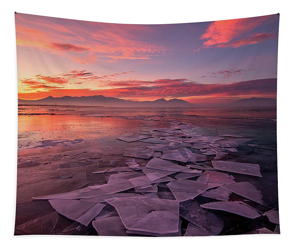 Utah Lake Tapestry featuring the photograph Utah Lake Ice Sunrise by Wesley Aston