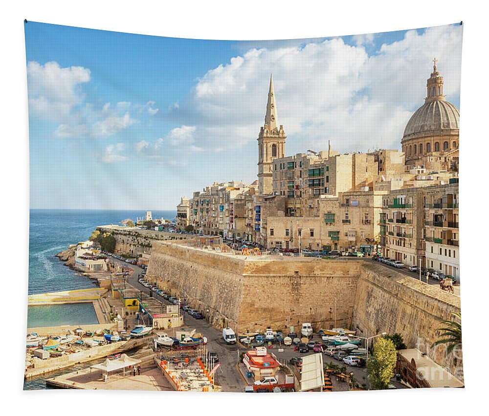 Valletta Skyline Tapestry featuring the photograph Valletta and Marsamxett Harbour, Malta by Neale And Judith Clark