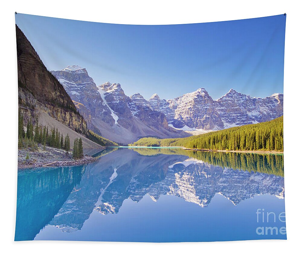 Moraine Lake Tapestry featuring the photograph Valley of the Ten Peaks reflected in Moraine Lake, Canadian Rockies by Neale And Judith Clark