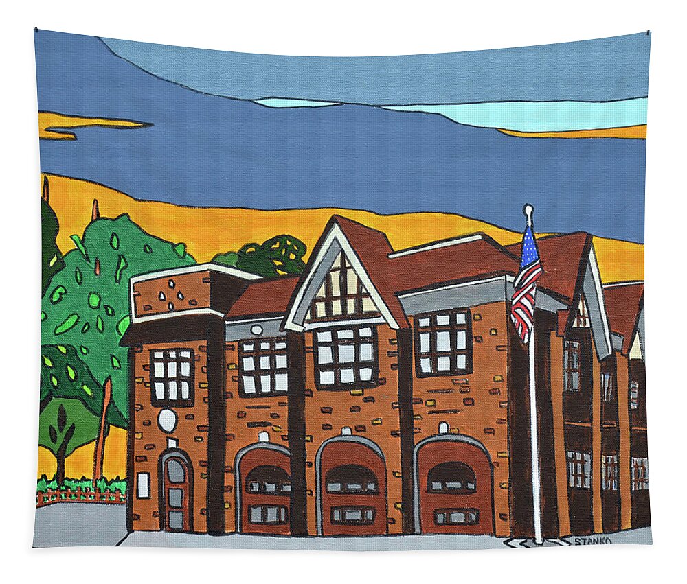 Valley Stream Fire Department Rockaway Ave. Tapestry featuring the painting Valley Stream Fire House by Mike Stanko
