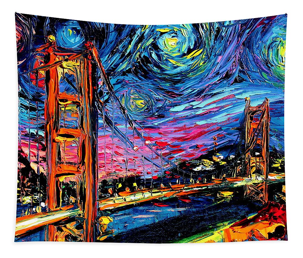 Golden Gate Bridge Tapestry featuring the painting van Gogh Never Saw Golden Gate by Aja Trier