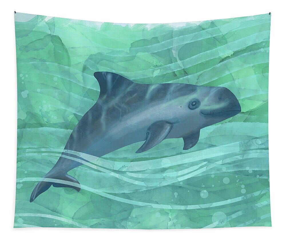Porpoise Tapestry featuring the digital art Vaquita Porpoise Swimming in Emerald Waters by Andreea Dumez