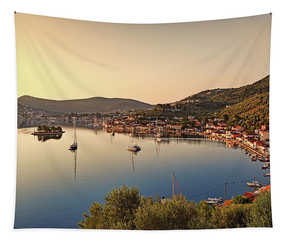 Vathi Tapestry featuring the photograph Vathy in Ithaki island, Greece by Constantinos Iliopoulos