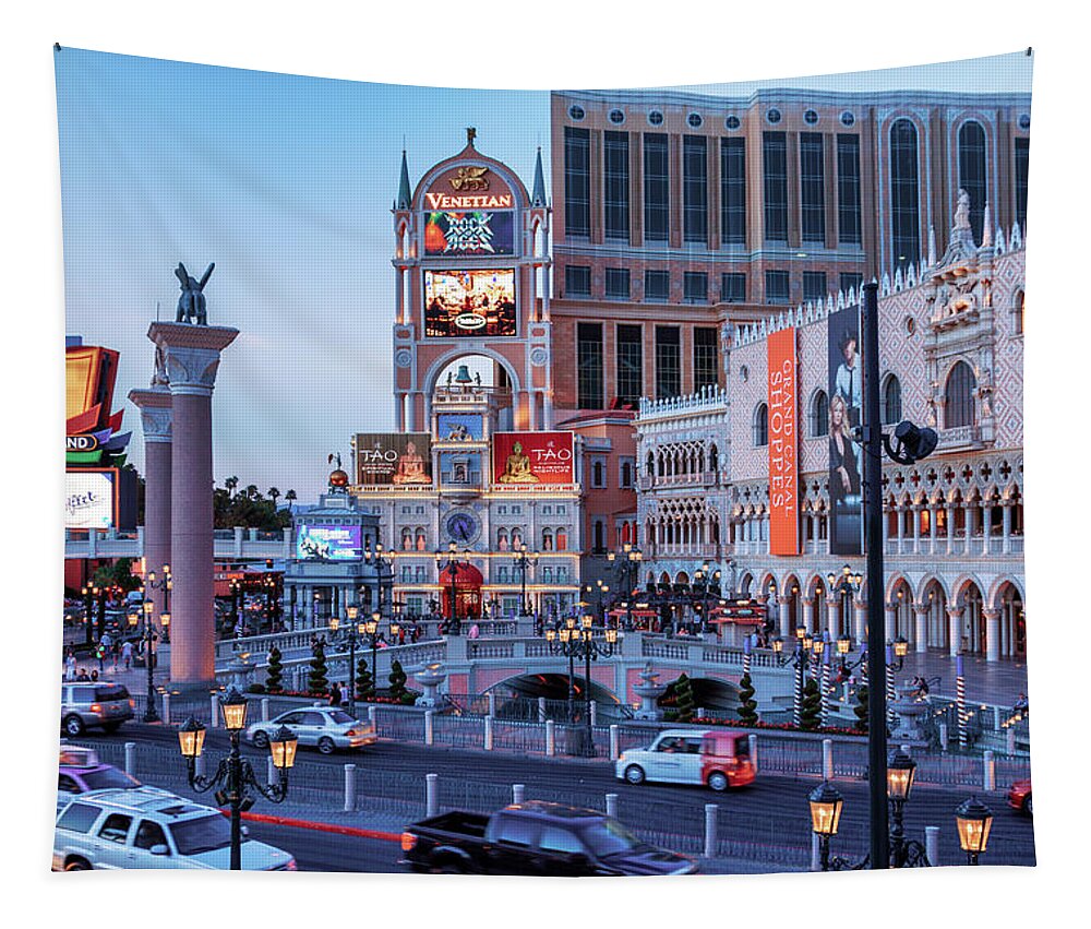 The Venetian Las Vegas Tapestry featuring the photograph Venetian on Las Vegas Strip at dusk by Tatiana Travelways