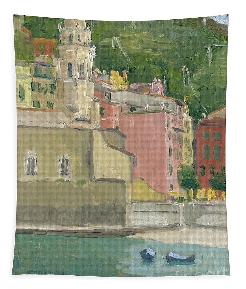 Vernazza Tapestry featuring the painting Vernazza Harbor, Italy by Paul Strahm