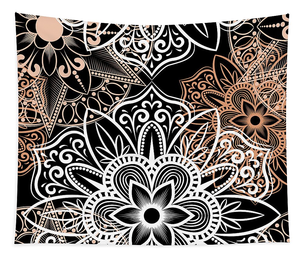 Colorful Tapestry featuring the digital art Verona - Artistic White Cream Mandala Pattern in Black Background by Sambel Pedes