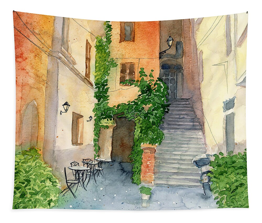 Via Dei Coronari Tapestry featuring the painting Via dei Coronari by Espero Art