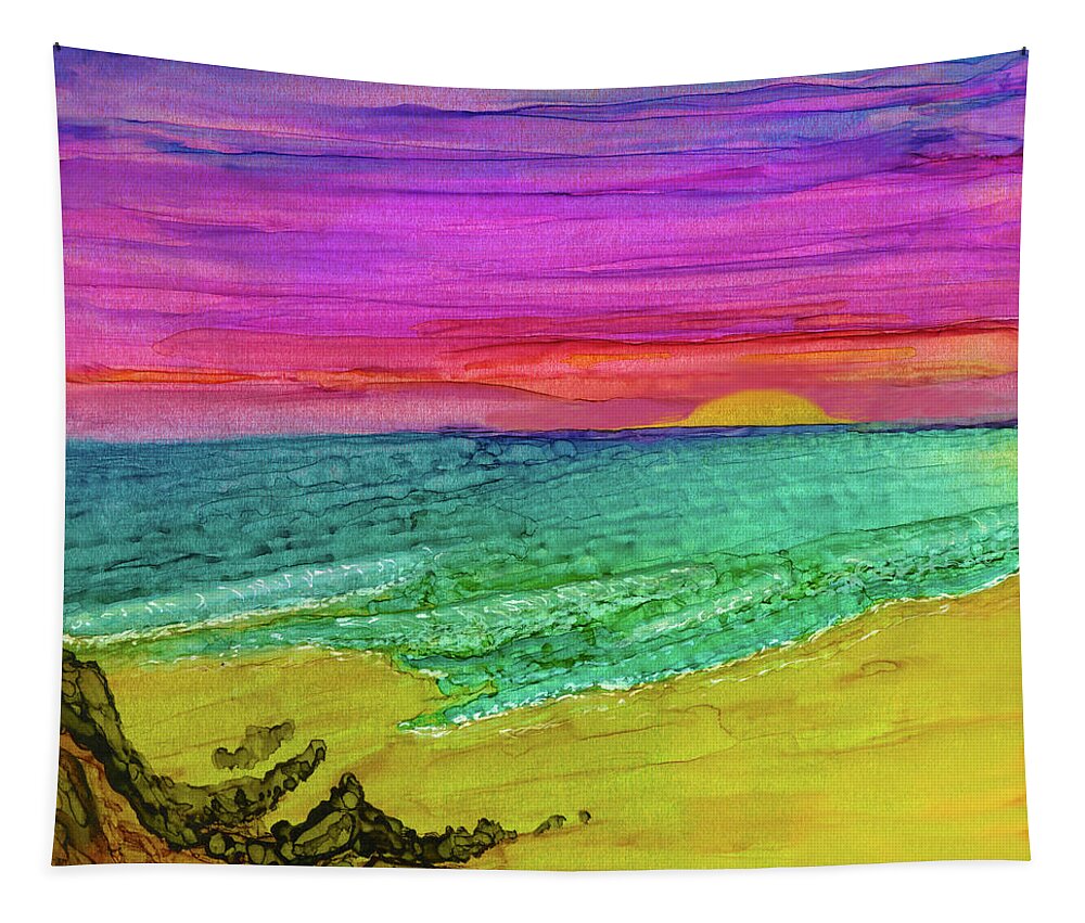 Beach Tapestry featuring the painting Vibrant Beach Sunset by Deborah League