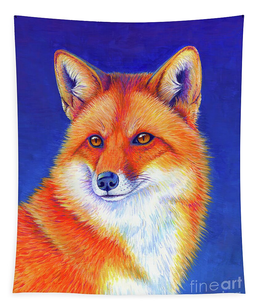 Red Fox Tapestry featuring the painting Vibrant Flame - Colorful Red Fox by Rebecca Wang