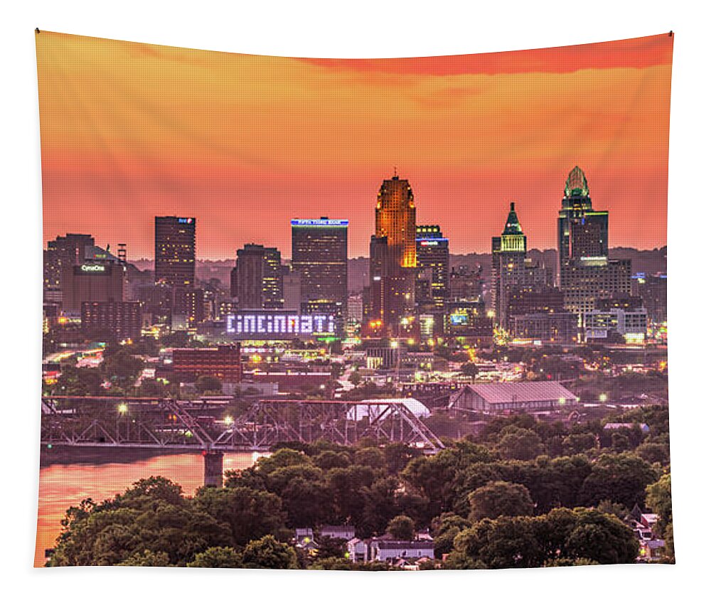 Cincinnati Ohio Tapestry featuring the photograph Vibrant Light Over Cincinnati Skyline Panorama by Gregory Ballos