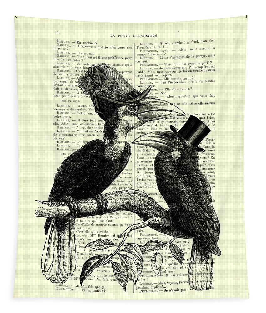 Hornbill Tapestry featuring the digital art Victorian style hornbill bird couple by Madame Memento
