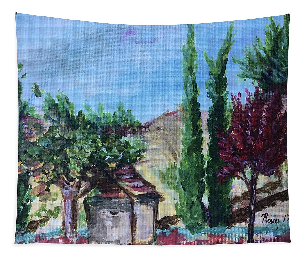 Maurice Carrie Winery Tapestry featuring the painting View from Maurice Carrie Winery by Roxy Rich