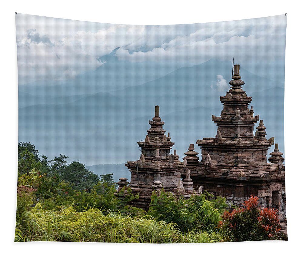 Temple Tapestry featuring the photograph View from the Gedong Songo temple complex by Anges Van der Logt