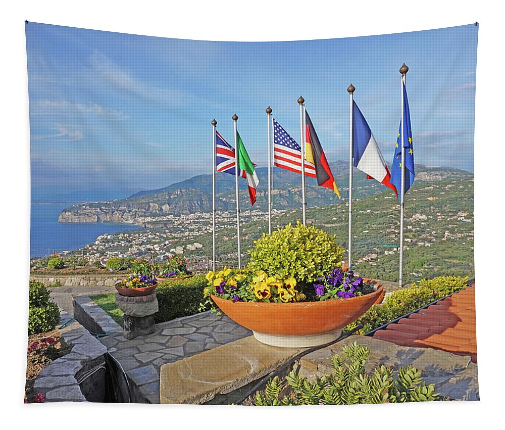Sorrento Tapestry featuring the photograph View of Sorrento With Flags by Yvonne Jasinski