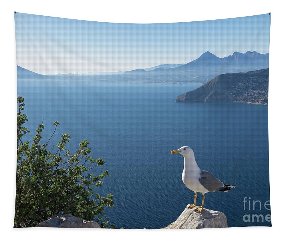 Seagull Tapestry featuring the photograph View of the Mediterranean Sea and towards Benidorm by Adriana Mueller